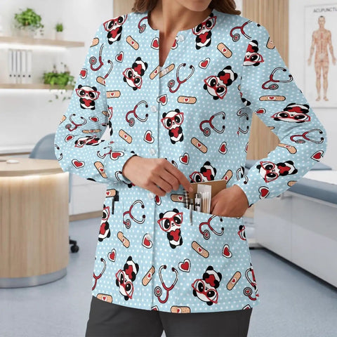 Moisture Wicking Scrub Jacket For Women With Pockets Snap Front Easy On Off Panda Print Perfect For Pet Care And Pediatrics