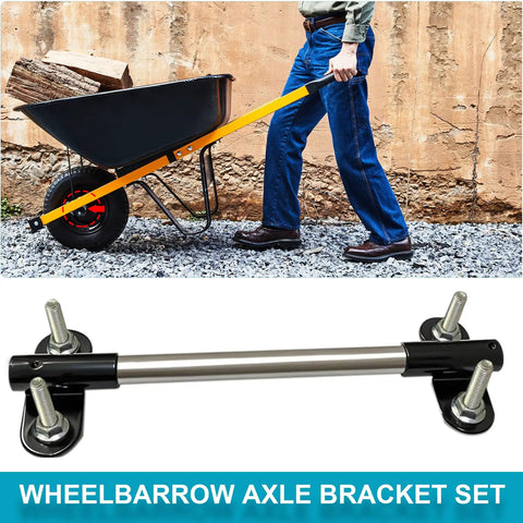 Hardcore Heavy Duty Wheelbarrow Axle Bracket Kit With Solid Five Eighth Inch Shaft and Bulletproof Steel Brackets view with installed axle.