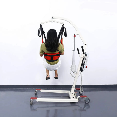 Super Soft Patient Lift Sling For Shower And Bathroom Use includes medical transfer support on a lift stand.