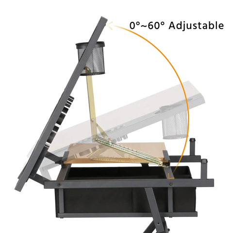Side view of Height Adjustable Drafting Table With Tilted Tabletop And Built In Storage Drawers And Stool For Home Office And Art Studio A Real Workhorse For Sketching Watercolors Painting And Craft Projects showing 0-60° tilt angle
