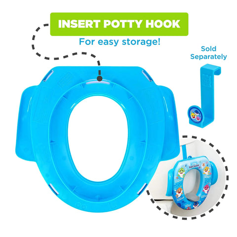 Baby Shark Soft Potty Training Seat With Hella Comfy Cushion And Secure Grip Handles Smooth Bathroom Transition For Toddlers Durable Non Slip Platform Easy To Clean, featuring a convenient storage hook.