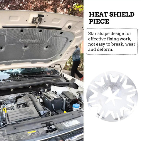 Open car hood showing insulation with heat plate disc from 100 Pc Car Hood Insulation Heat Plate Discs Kit With Iron Internal Tooth Lock Washers And Silver Rigid Fasteners To Fix Handle Shafts For Industrial Use.