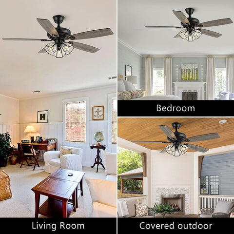 Crystal 52 Inch Ceiling Fan With Lights Remote Slick 6 Speed DC Motor Farmhouse Caged Design Black Finish 3 Light Kit