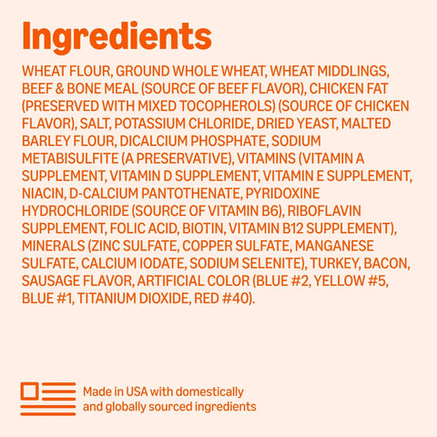 Ingredients list for Premium Crunchy Multi Flavor Dog Biscuits Baked In USA For Your Favorite Furbaby helping clean teeth.