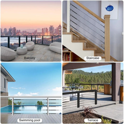 30 Pairs Stainless Steel Adjustable Angle One Eighth Inch Wire Rope Cable Railing Hardware Kit used on various locations like balcony, staircase, swimming pool, and terrace.