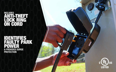 Beefy 30A Portable Surge Guard With Cover For Outdoor Use, easy pull handle shown during connection to park power pedestal.