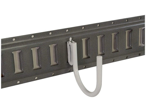 Curved E-Track J-Hook In White Powder Coated Steel For Horizontal E-Track Storage Systems, Heavy Duty Garage Organizer installed