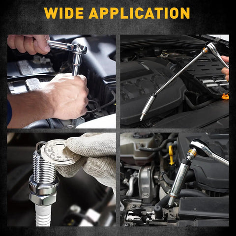 Slick Professional Grade Eight Piece 3/8 Drive Magnetic Swivel Spark Plug Socket Kit with Hand Ratchet in use on engines.