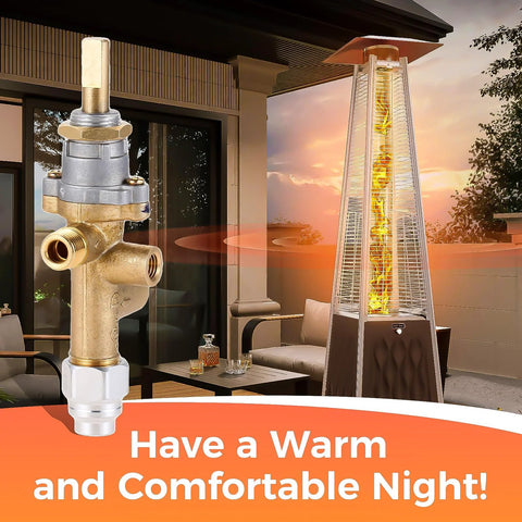 Brass propane valve assembly with fittings beside a tall outdoor patio heater with flame (two items).