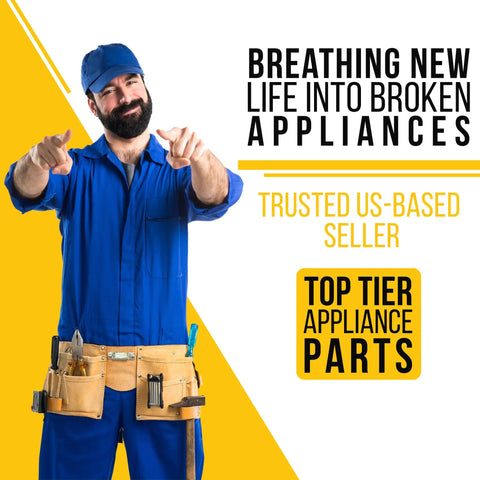 Man in blue work uniform with tool belt pointing, with text 'Breathing New Life Into Broken Appliances' and 'Top Tier Appliance Parts'.