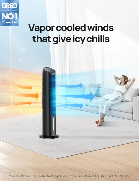 Portable AC Tower Fan For Home Or Office, 40-Inch Evaporative Cooler in black blowing air with person relaxing on sofa nearby.