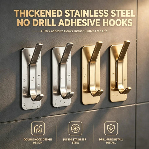 4 Pack Heavy Duty Peel And Stick Wall Hooks In Bright Gold Finish Rock Solid Heavy Hitter Design Holds Up To 30 Pounds For Kitchen Gear And Backyard Tools With Bulletproof Moisture Resistance.