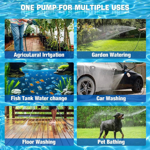 Versatile Battery Powered Sewage Pump For Pool Drainage And Pond Care shown in agricultural irrigation and car washing applications.