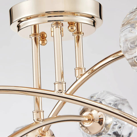 Close-up of Spuntnik Crystal Ceiling Light Fixture with Six G9 Base Bulbs, Shining Gold Finish Metal Frame, Modern Glam