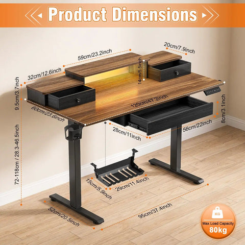 Sick Electric Adjustable Desk With Drawers For Home Office Standing Computer Workstation dimensions showing size and features.