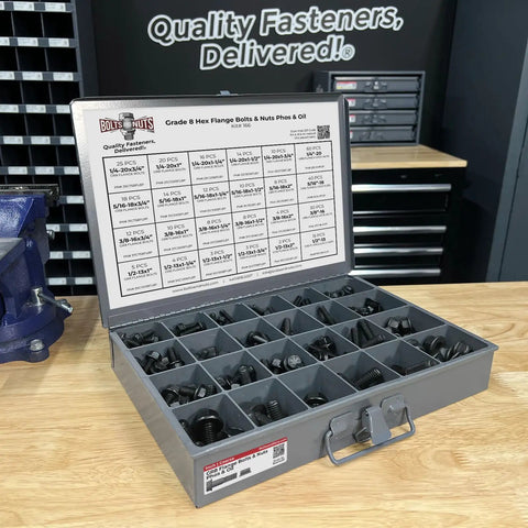 Open tray displaying heavy duty Grade 8 hex cap flange bolts with black phosphate finish and locking nuts, 24 compartments.