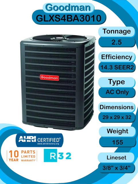 Two Point Five Ton Fifteen Two Seer2 Central Air Conditioner Paired With Eighty Percent Afue Gas Furnace Split System Cooling Heating Package Using R32 Refrigerant For Worry Free Full Home Comfort Package unit from Goodman with 2.5 ton capacity and 14.3 SEER2 efficiency.