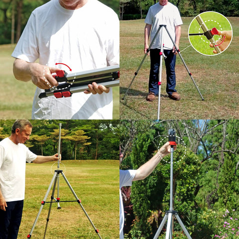 Person assembling Heavy Duty Telescoping Tripod Sprinkler With Turbo Gear Drive, 6 Spray Patterns, 19 to 63 inch height.