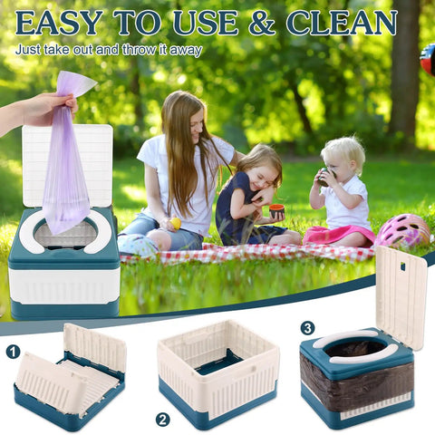 Foldable Portable Toddler Potty For Travel And Potty Training shown with disposable bag, used in outdoor setting, easy to clean.