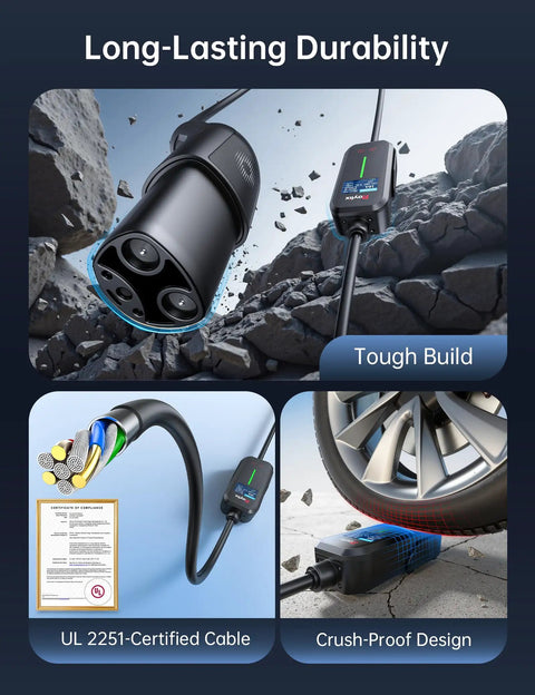 Tesla Level 1 To 2 EV Charger with Adjustable Current Delay Charge, Smart Display, 21 ft Mobile Cable, tough build and crush-proof design.