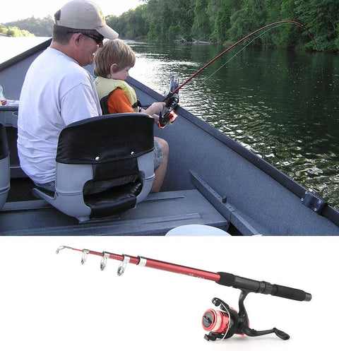 Father and son fishing with All In One Fishing Gear Kit With 2 Telescopic Poles And 2 Spinning Reels, boat, lake backdrop.