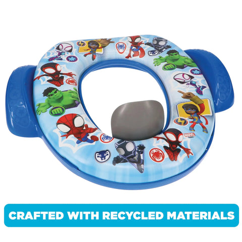 Ultra Comfy Toddler Potty Training Seat With Rock Solid Side Handles And Dead Simple Rinse Off Design Made In Usa thick foam with superhero designs.