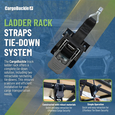 Ladder Rack Tie-Down System With Self Retracting Ratchet Straps, Square Mount, showing details of ratchet mechanism and mount