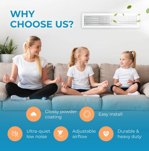 Premium 30 By 6 Inch Wall Vent Cover With Multi Shutter Damper And Adjustable Front Blades in living room setting