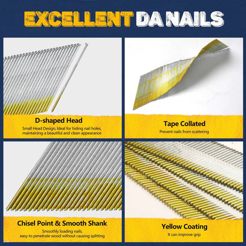 Rock Solid Galvanized Steel 34 Degree Angled Finish Nails 15 Gauge Two Inch Half Length 1200 Count Box For Air Nailers features D-shaped head, chisel point, and yellow coating.
