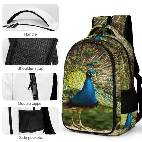 Go To Everyday Carry Unisex Peacock Print Backpack With Full Tail Spread Design, large capacity, durable polyester, zipper closure