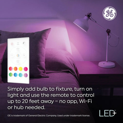 Color Changing LED Light Bulbs With Remote For A19 Standard Bulbs, No App Or WiFi Needed, displayed with lamp and bed, 2 pack.
