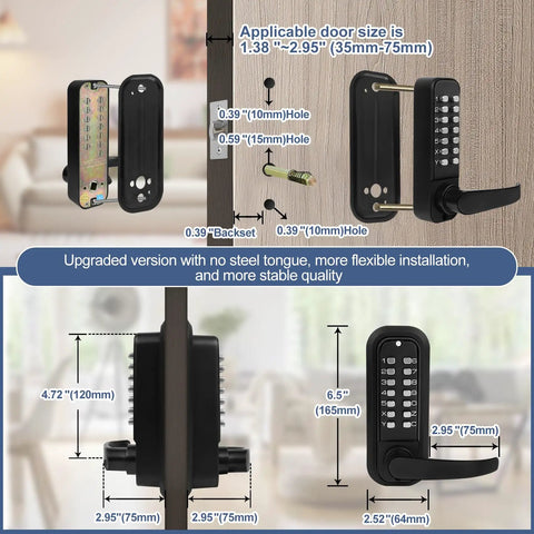 Badass Heavy Duty Stainless Steel Keyless Gate Lock With Handle dimensions and installation guide on wood door.