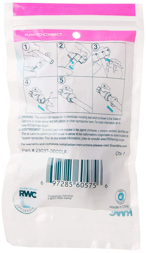 Back of packaging for Brass Push Straight Stop Valve One Half Inch By Three Eighths Inch Compression Quarter Turn Push To Connect