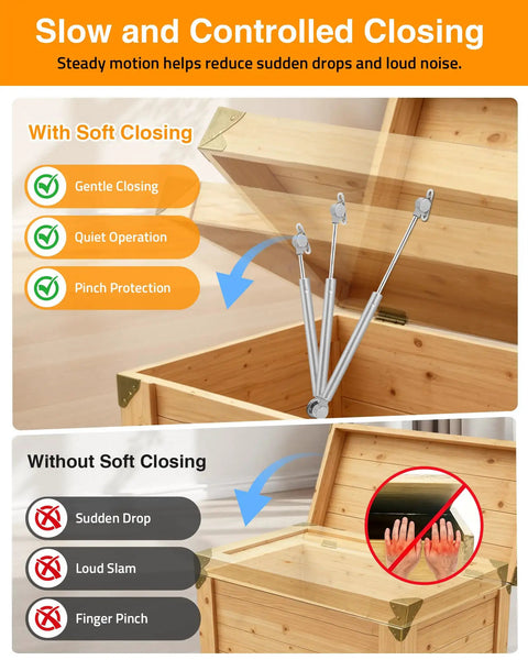 2 Pack Toy Box Hinges Featuring Slick Soft Close Gas Struts Killing Loud Slamming And Keeping Little Fingers Safe While Holding Heavy Lids Boss Tight On Every Classic Storage Chest with visual comparison of soft close and loud slams.