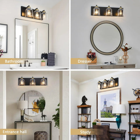 24 Inch Vanity Light With Black And Gold Finish, Three Light Over Mirror Bathroom Fixture With Clear Glass Shade