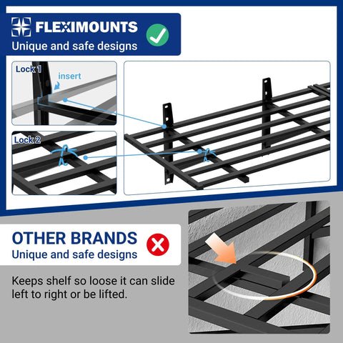 2 Pack 2x6ft Heavy Duty Garage Wall Shelves Set Black, wall-mounted steel shelf with lock design and stud brackets