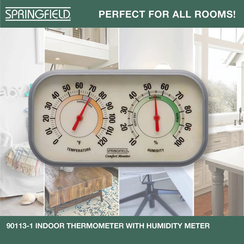 Color Track Humidity Meter And Indoor Thermometer Analog Weather Station showing 0 to 120 F and 10 to 100 percent humidity.