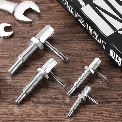 Badass Shop Rig Built Different Stainless Steel Retractable Indexing Plunger Pin M10 Metric Thread set of four sizes on wooden table.