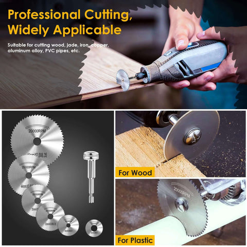 Kuenuilr 6-pack HSS circular saw blades for drills with 1/4-inch hex shank; suitable for wood and plastic cutting.