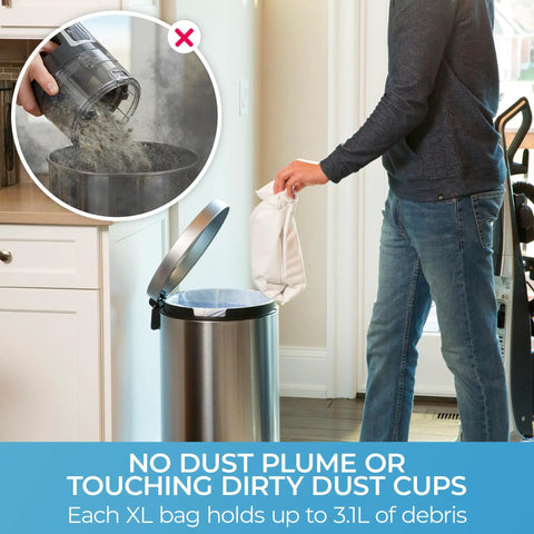 Person placing Type O HEPA Vacuum Bags For Upright Vacuums, 6 Pack That Fits Upright Cleaners into trash bin, avoiding dust plume.