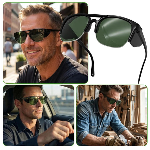 Heavy Duty Welding Safety Glasses With Ir Shade 3.0 Lens And Ansi Z87 Certified Impact Guard For Grinding Cutting And Warehouse Jobs worn by a man, showcasing clear visibility and style.