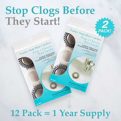 Packaging of Disposable Vanity Sink Drain Savers Hair Catchers For Clog Prevention 12 Pack Gray and White shown on marble surface.