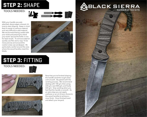 Japanese Tanto Knife Making Kit For Adults DIY Fixed Blade with stonewashed steel and deluxe leather sheath on wooden surface.