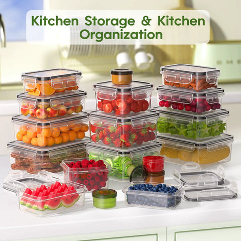 36 Piece Plastic Food Storage Containers With Lids For Pantry And Kitchen Organization set showcasing fresh produce