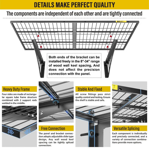 2x3ft Adjustable Rail Wall Mounted Garage Storage Shelf Set with Heavy Duty Steel Frame, displaying slide rail design.