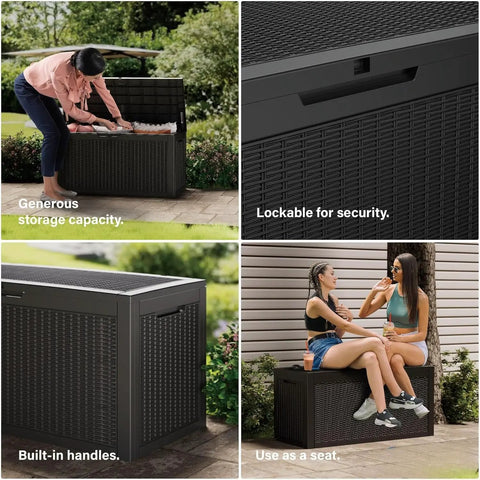 Monster Size Outdoor Storage Box 320 Gallon Lockable Resin Deck Box Weatherproof Patio Storage Bin For Furniture Cushions Garden Tools And Pool Accessories UV Resistant Black shown in various uses and angles.