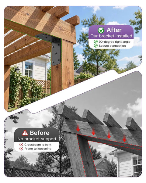 Rock Solid Heavy Duty L Brackets 5X5X2.5 Inch Thick Steel Corner Supports installed on a pergola beam for secure support.