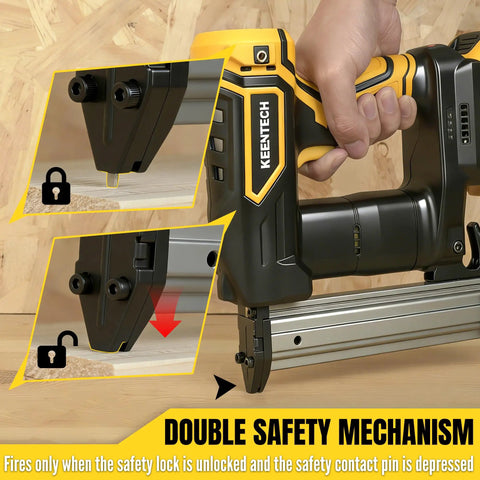 Details of Top Tier No Sweat Finishing With Slick Flush Drive On This Heavy Duty Cylinder Driven 18 Gauge Cordless Brad Nailer showing double safety mechanism.