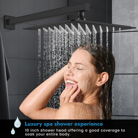 Woman enjoying Matte Black Shower Faucet Set With 10 Inch Rainfall Shower Head, Wall Mounted Single Handle Valve System