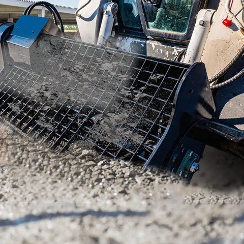 92 Gallon Skid Steer Concrete Mixer Attachment Universal SSQA Hydraulic Cement Bucket pouring mixed cement on site.
